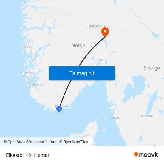 Eikestøl to Hamar map