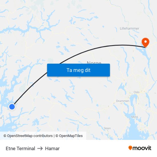 Etne Terminal to Hamar map