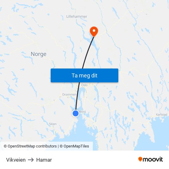Vikveien to Hamar map