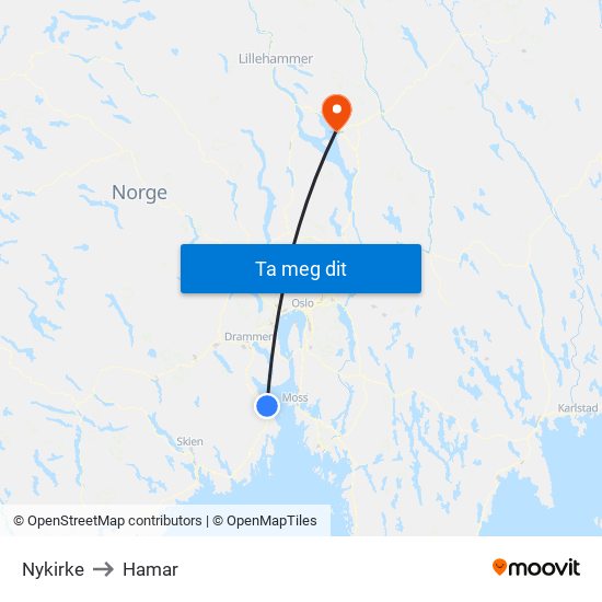 Nykirke to Hamar map