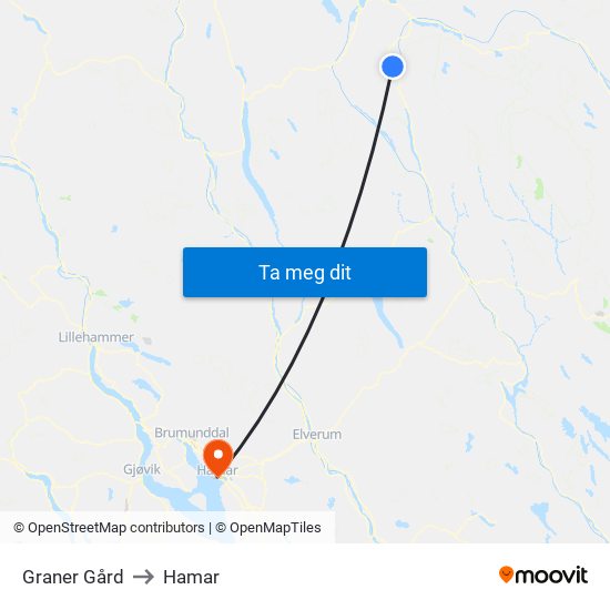 Graner Gård to Hamar map