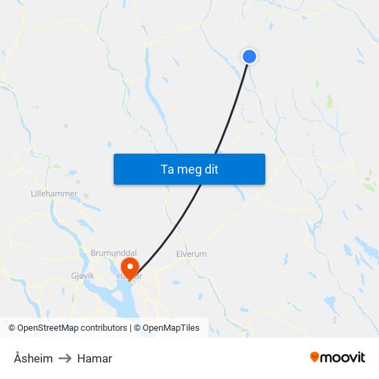 Åsheim to Hamar map