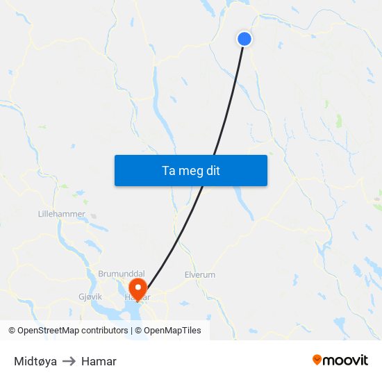 Midtøya to Hamar map