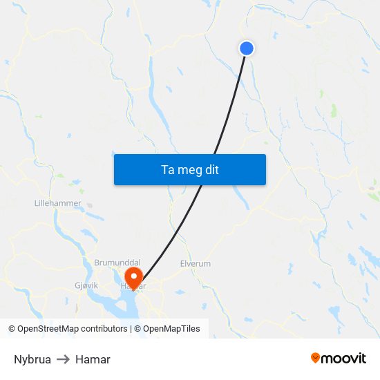 Nybrua to Hamar map