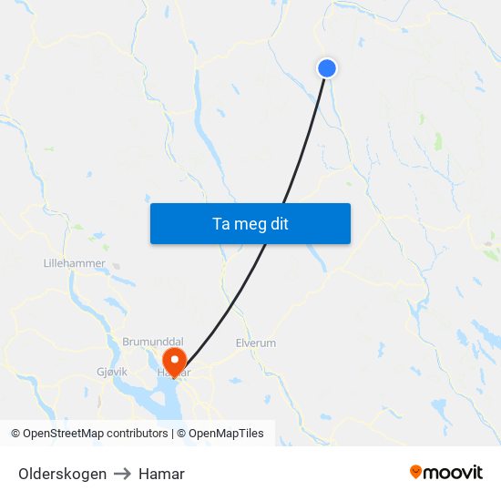 Olderskogen to Hamar map