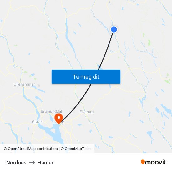 Nordnes to Hamar map