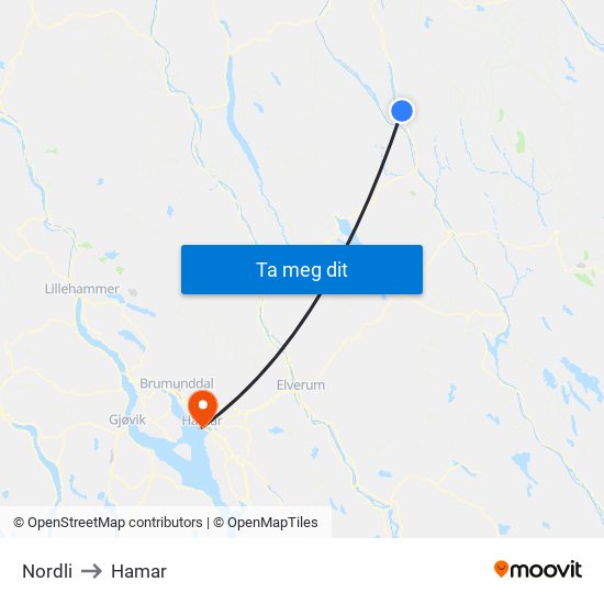 Nordli to Hamar map
