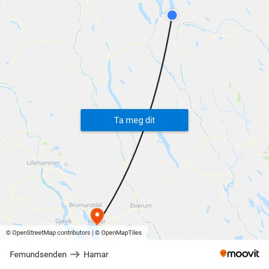 Femundsenden to Hamar map