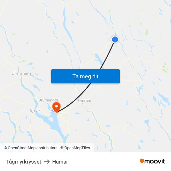 Tågmyrkrysset to Hamar map