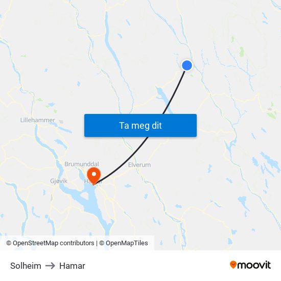 Solheim to Hamar map