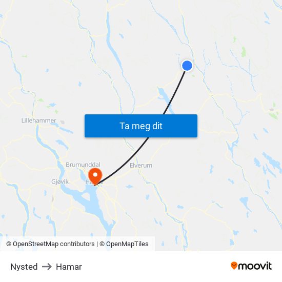 Nysted to Hamar map