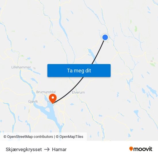 Skjærvegkrysset to Hamar map