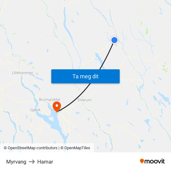 Myrvang to Hamar map