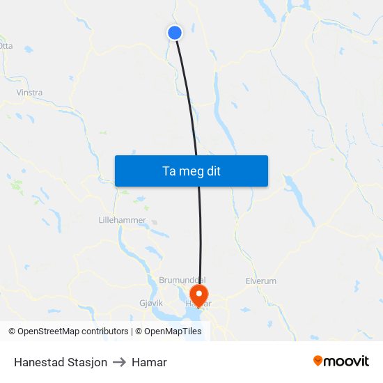 Hanestad Stasjon to Hamar map