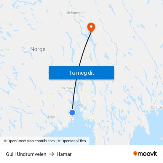 Gulli Undrumveien to Hamar map