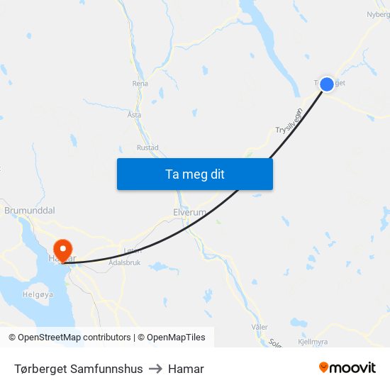 Tørberget Samfunnshus to Hamar map