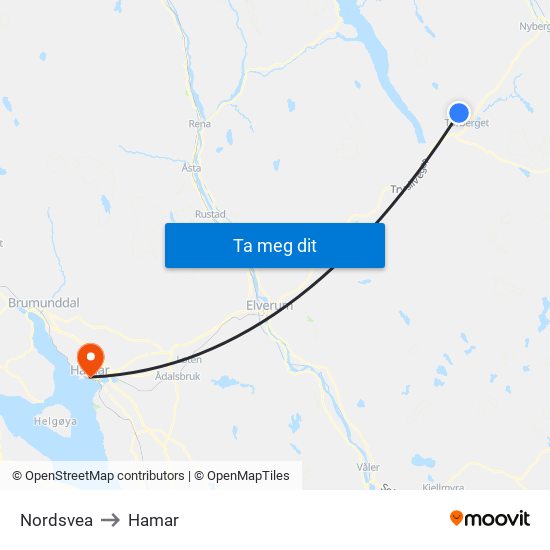 Nordsvea to Hamar map