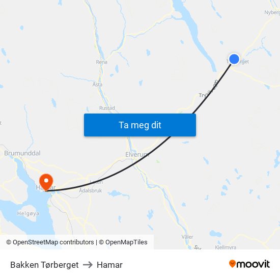 Bakken Tørberget to Hamar map