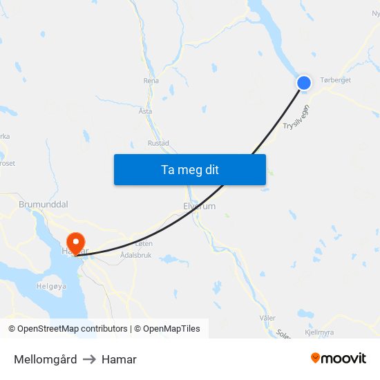 Mellomgård to Hamar map