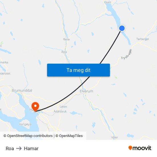Roa to Hamar map