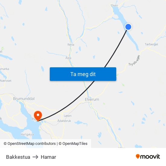 Bakkestua to Hamar map