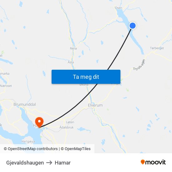 Gjevaldshaugen to Hamar map