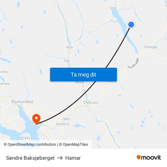 Søndre Baksjøberget to Hamar map