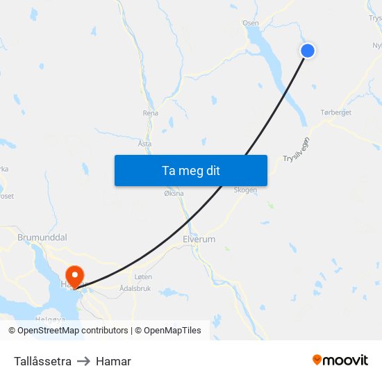 Tallåssetra to Hamar map