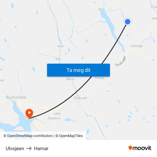 Ulvsjøen to Hamar map