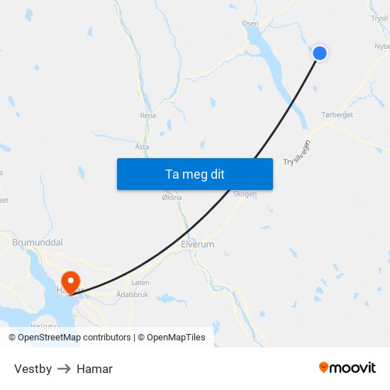 Vestby to Hamar map