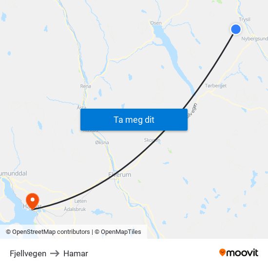 Fjellvegen to Hamar map