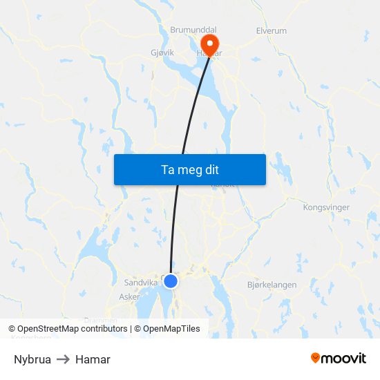 Nybrua to Hamar map