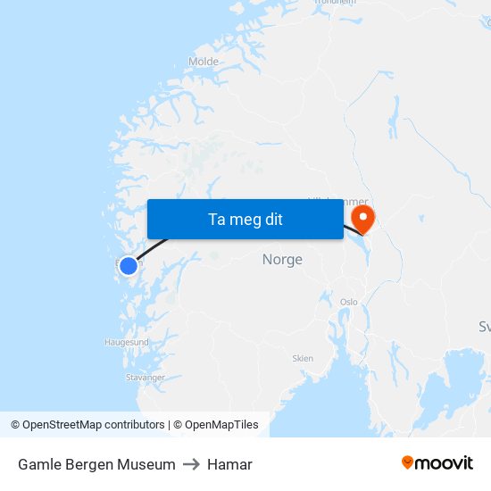 Gamle Bergen Museum to Hamar map