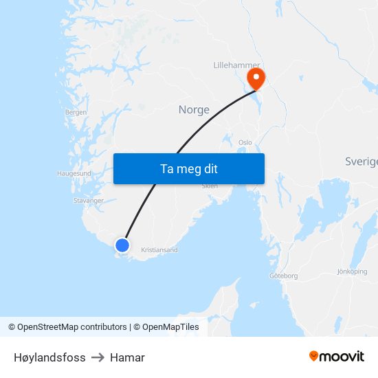 Høylandsfoss to Hamar map