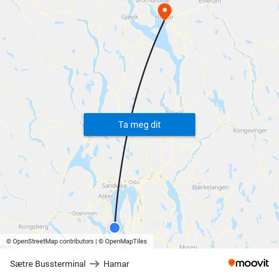 Sætre Bussterminal to Hamar map
