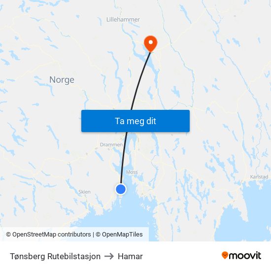 Tønsberg Rutebilstasjon to Hamar map