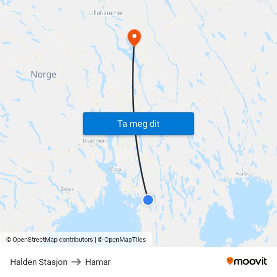 Halden Stasjon to Hamar map