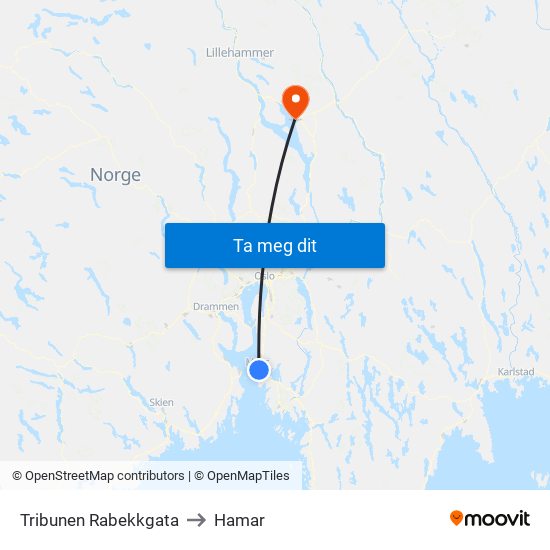 Tribunen Rabekkgata to Hamar map