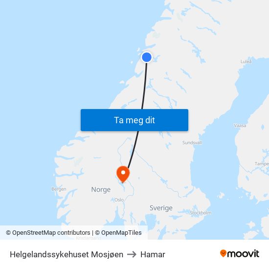 Helgelandssykehuset Mosjøen to Hamar map