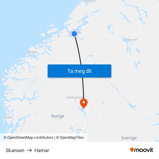 Skansen to Hamar map