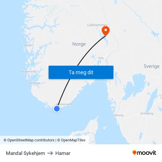 Mandal Sykehjem to Hamar map