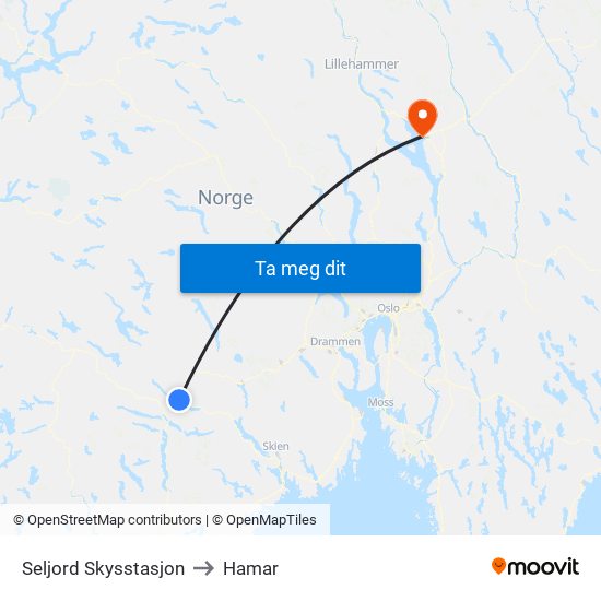 Seljord Skysstasjon to Hamar map