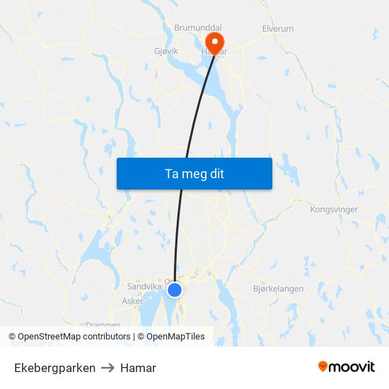 Ekebergparken to Hamar map