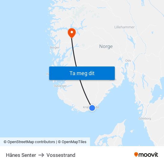 Hånes Senter to Vossestrand map