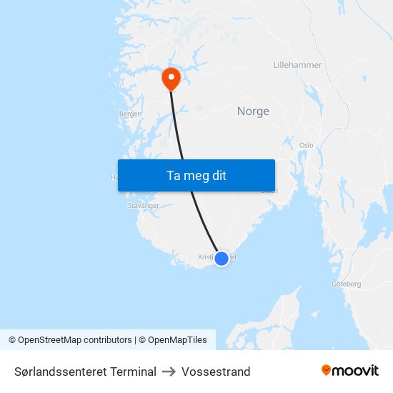 Sørlandssenteret Terminal to Vossestrand map