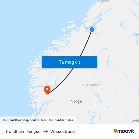 Trondheim Fengsel to Vossestrand map