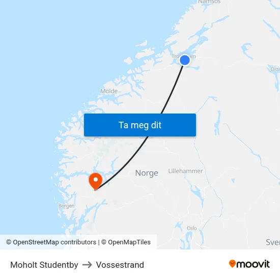 Moholt Studentby to Vossestrand map