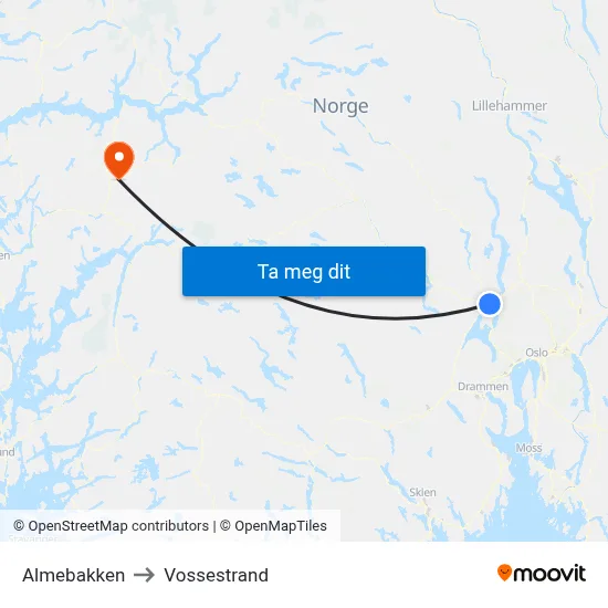Almebakken to Vossestrand map