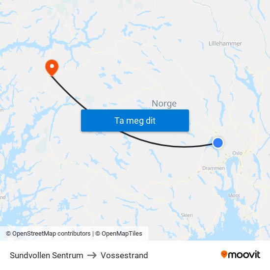 Sundvollen Sentrum to Vossestrand map