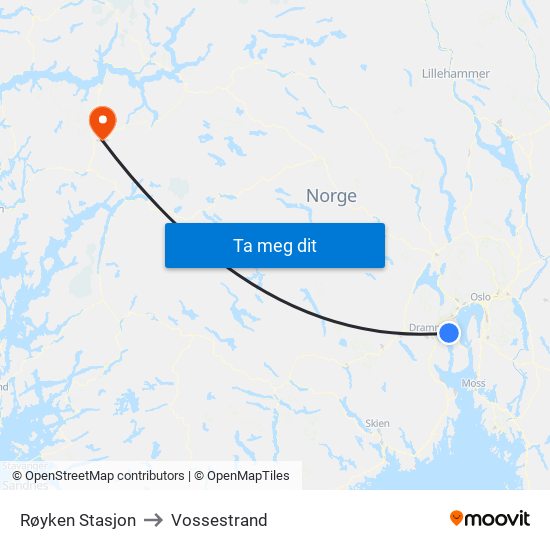 Røyken Stasjon to Vossestrand map